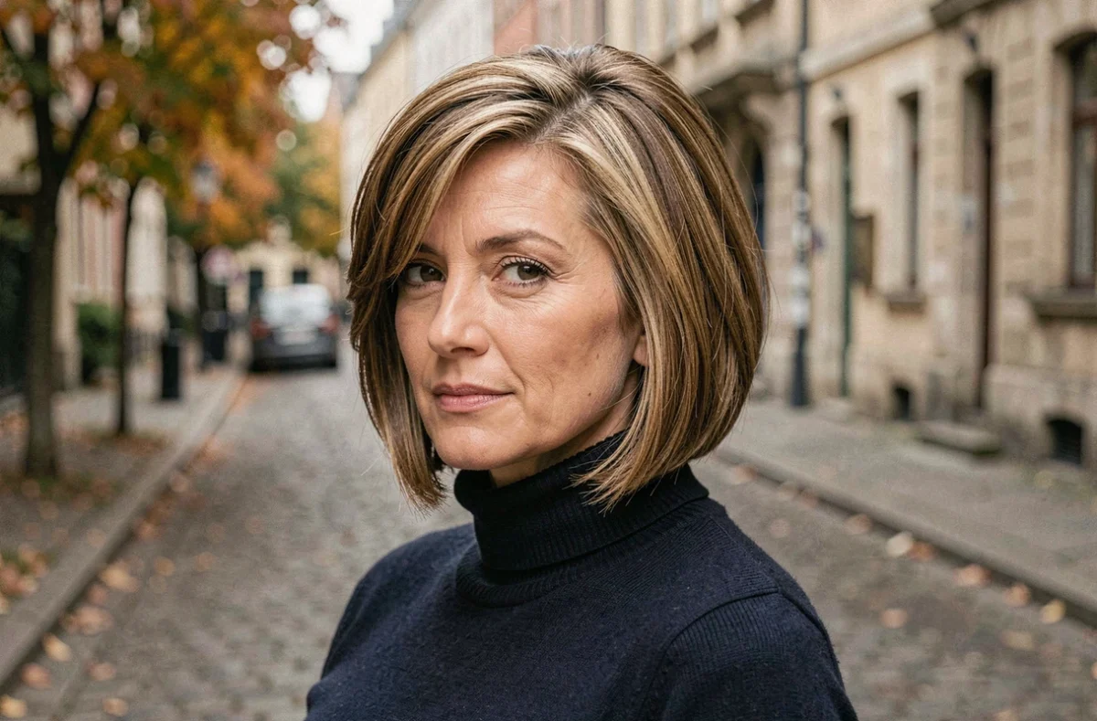Femme avec une coupe courte en carré structuré pour visage rond, debout dans une rue pavée en automne
