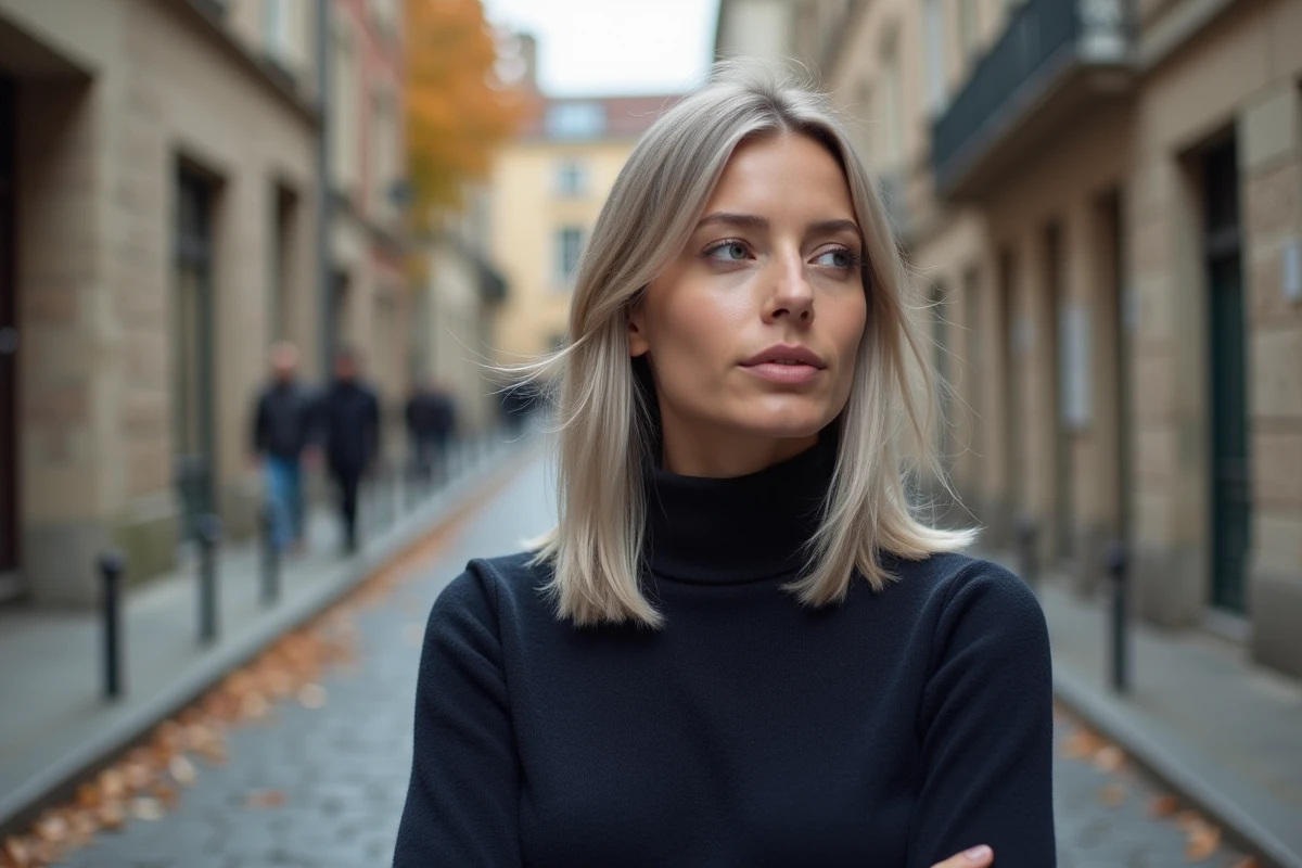 Jeune femme blonde avec un carré mi-long plongeant dans une rue pavée en automne
