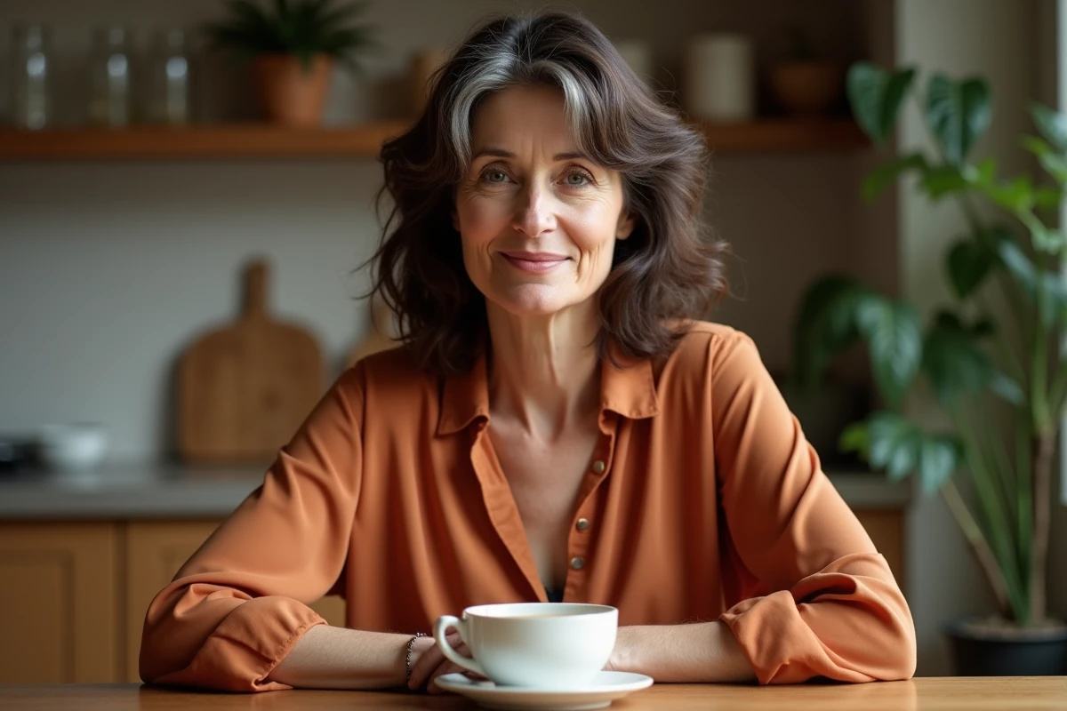Femme mature avec une coupe carré mi-long ondulé dans une cuisine chaleureuse tenant un café