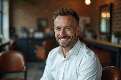 Homme aux cheveux fins avec début de calvitie arborant une coupe courte texturée dans un salon de coiffure moderne