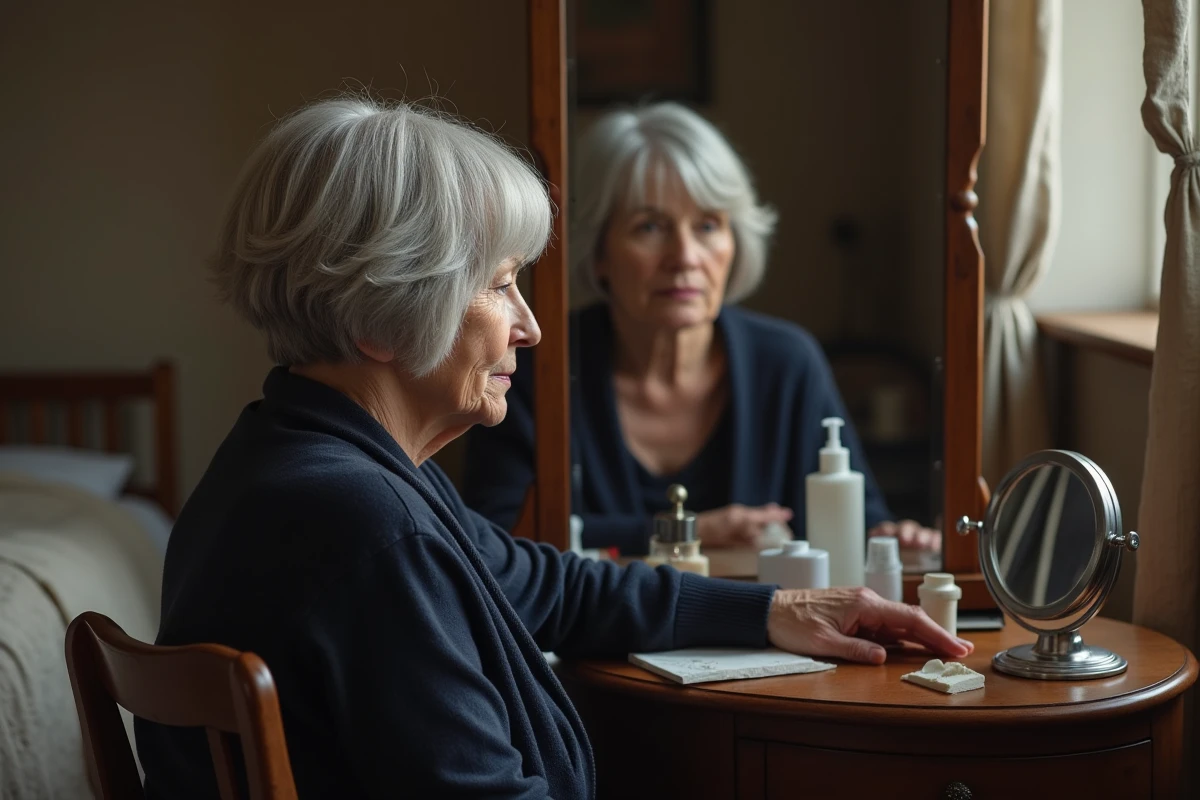 Femme aux cheveux gris argentés avec une coupe courte trop sévère assise devant une coiffeuse en bois