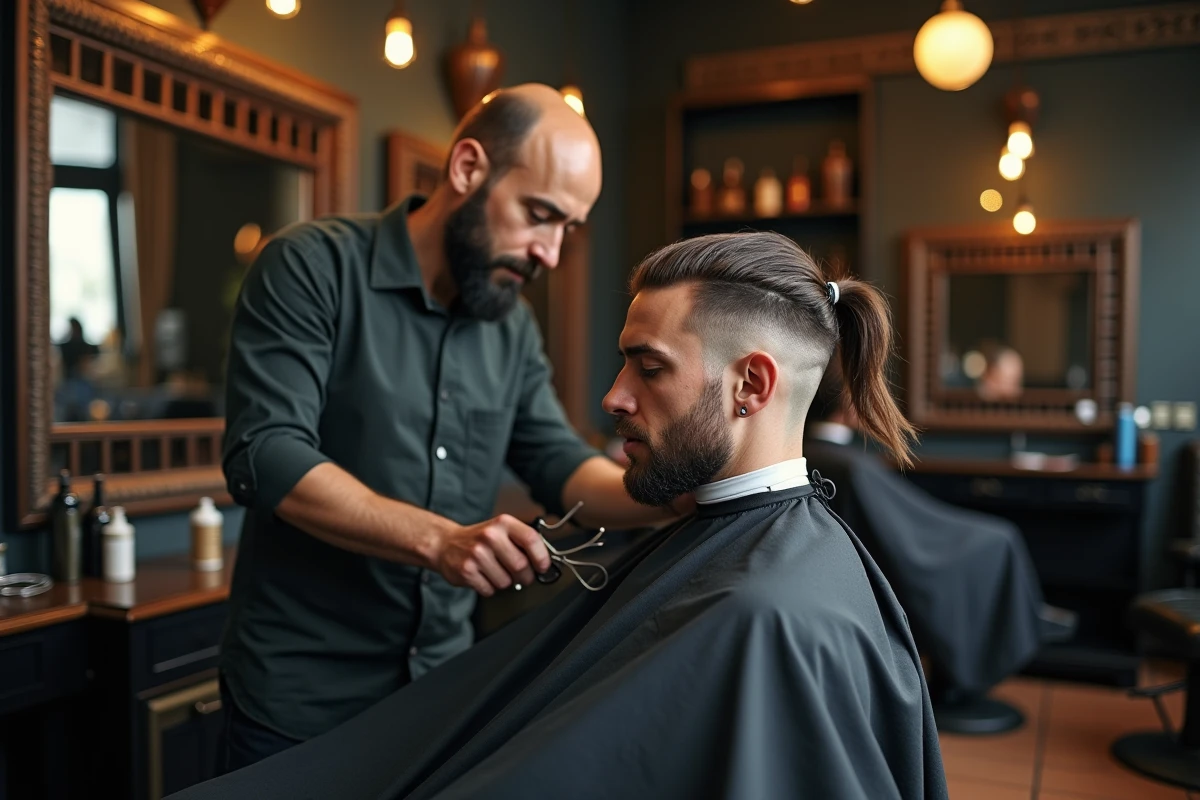 Coiffeur professionnel réalisant une coupe mulet sur un client dans un salon de barbier vintage
