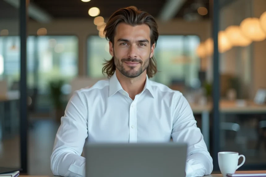 Homme en coupe mulet caméléon avec chemise blanche et pantalon tailleur assis dans un bureau moderne