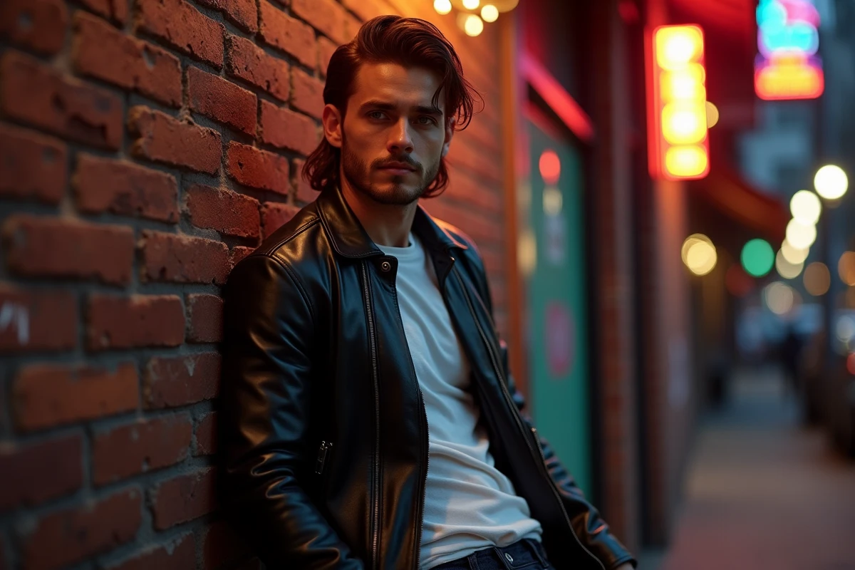 Homme avec coupe mulet rock en veste en cuir noir devant un bar urbain le soir