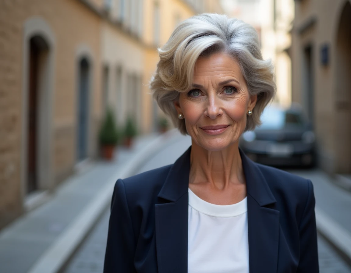 Femme élégante de 70 ans avec visage rond coiffée d'un pixie cut argenté volumisé en extérieur dans une rue européenne