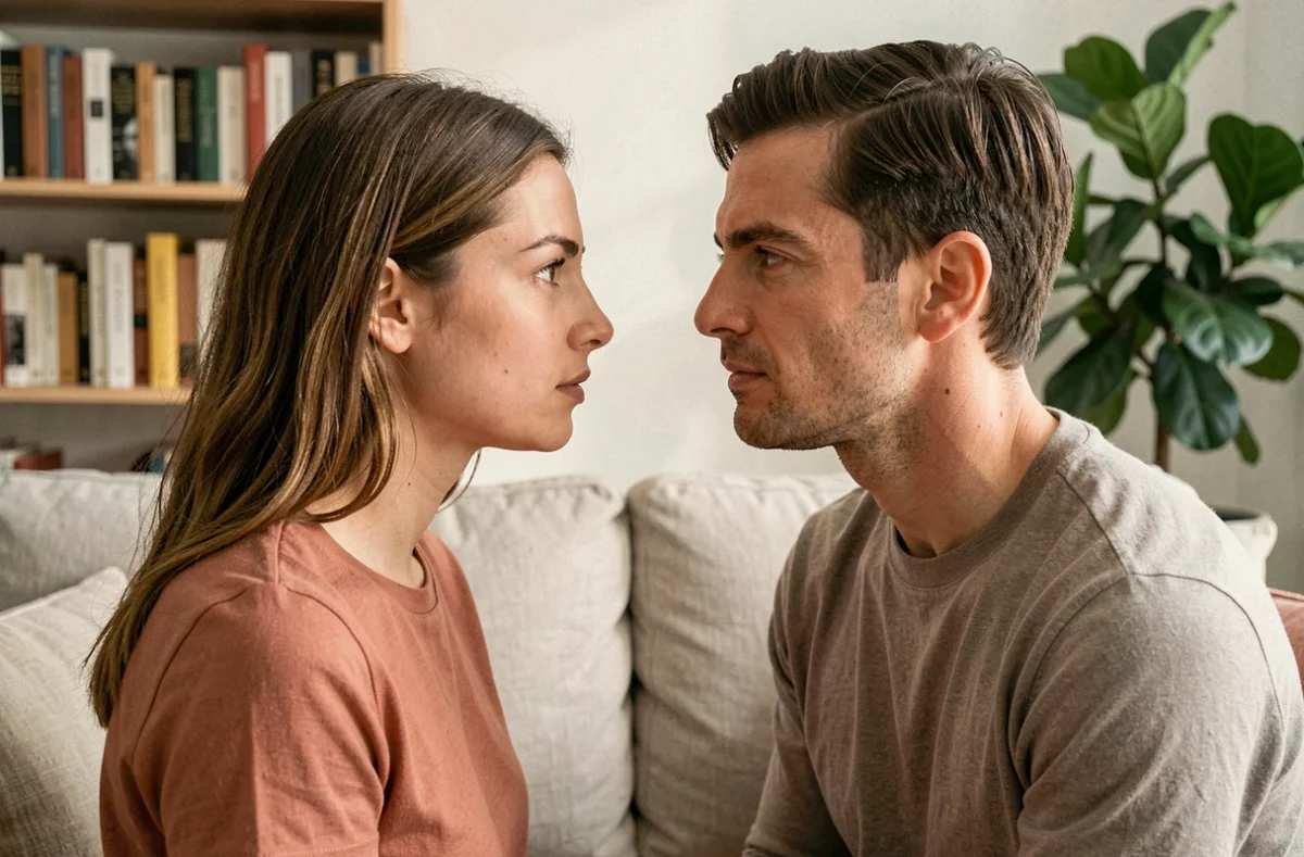 Couple aux yeux hazel qui s'échangent un regard complice et amoureux dans un salon cosy