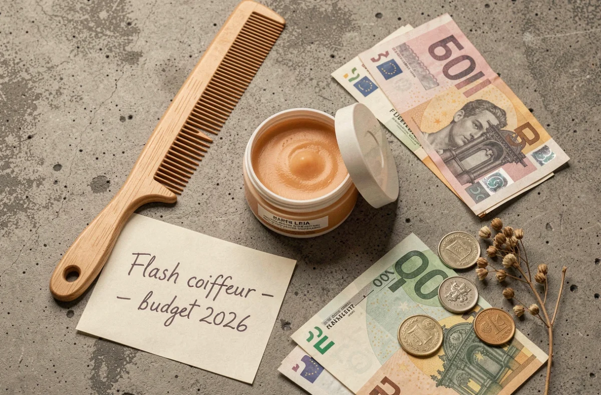 Flat-lay éditorial d'un produit flash coiffeur avec euros et note manuscrite sur béton texturé, évoquant le coût et le budget beauté