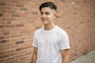 Adolescent avec une coiffure dégradé raie sur le côté, look moderne et soigné en extérieur urbain