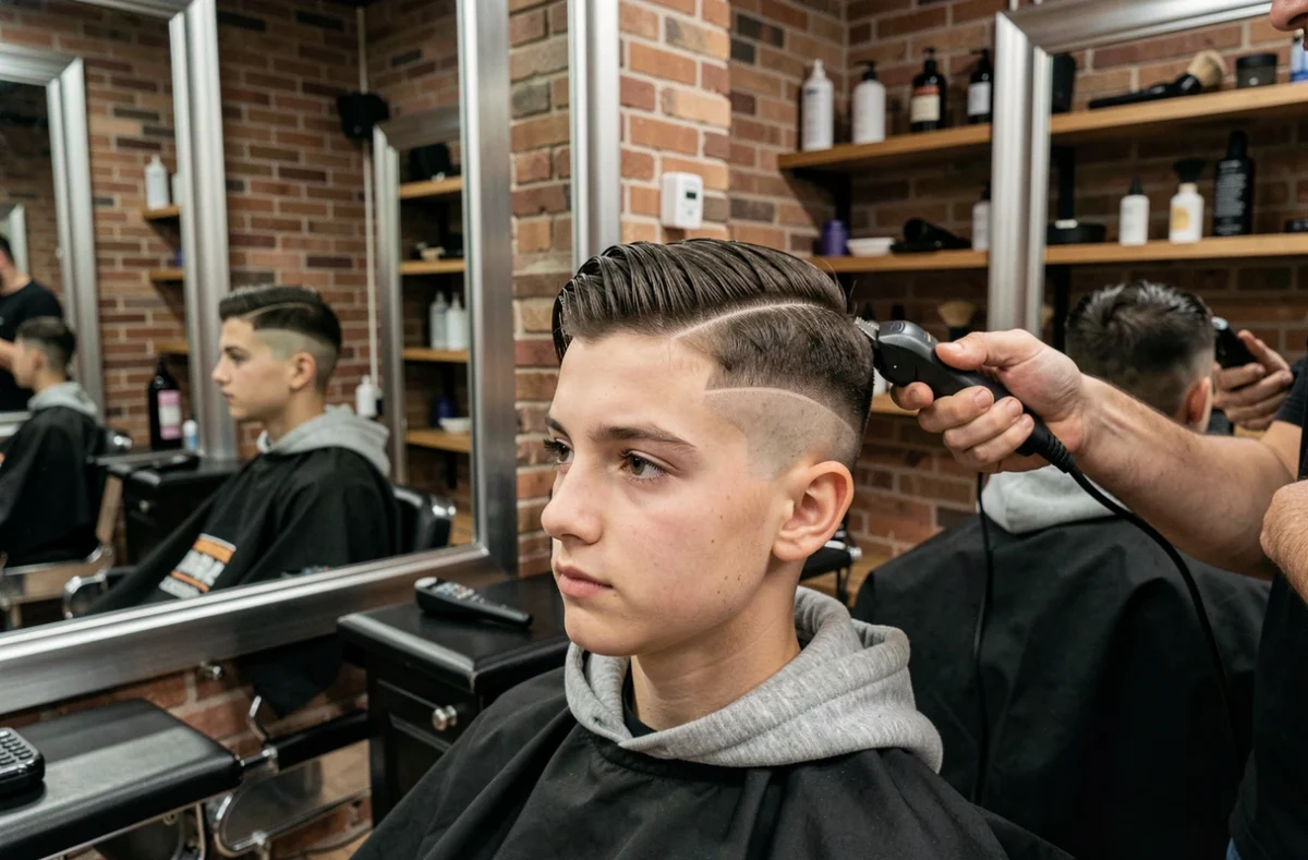 Adolescent en train de se faire faire un dégradé raie sur le côté chez le barbier
