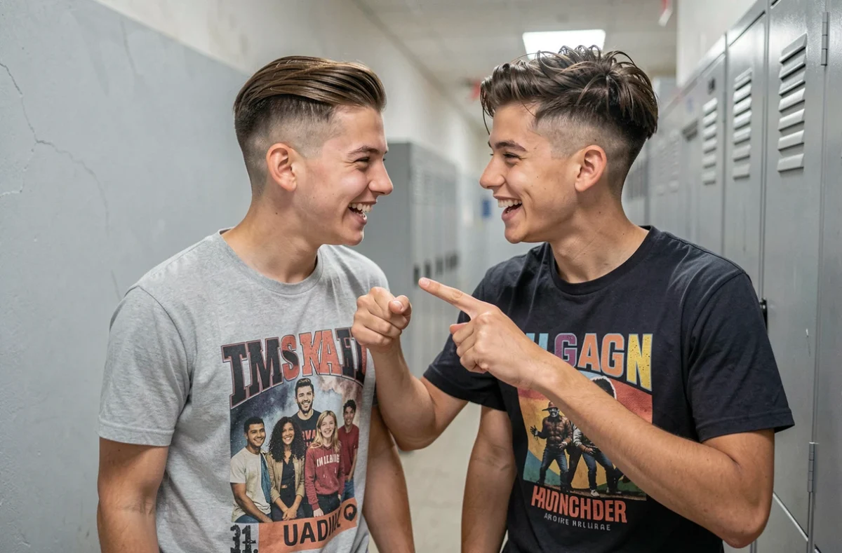 Deux adolescents avec des coiffures dégradé raie sur le côté comparant leurs looks dans un couloir scolaire