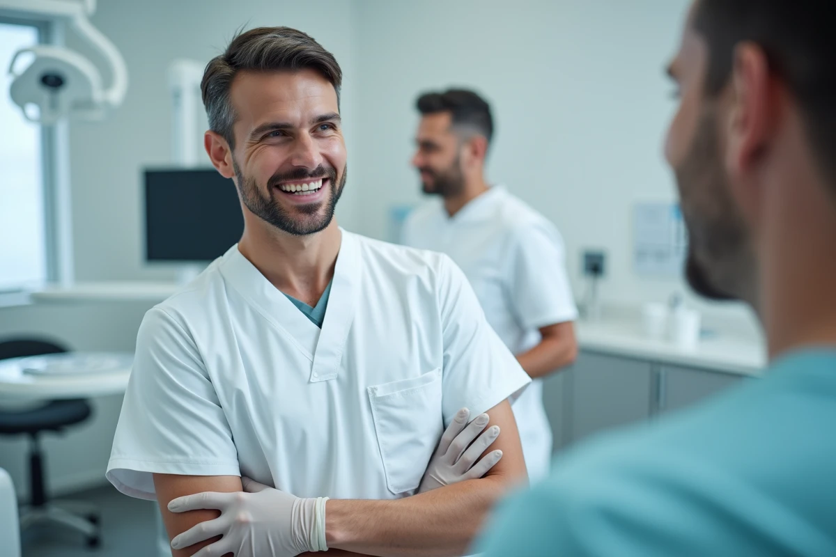 Dentiste professionnel en cabinet expliquant les soins à un patient dans une clinique dentaire moderne