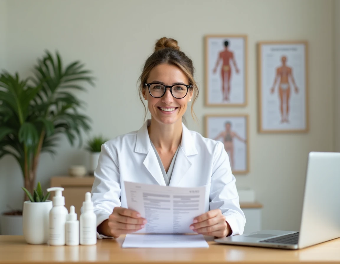 Dermatologue analysant la compatibilité entre rétinol et essence cosmétique dans un cabinet médical professionnel