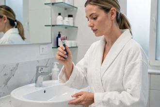 Femme tenant un dermaroller au-dessus d'un lavabo pour le désinfecter après utilisation