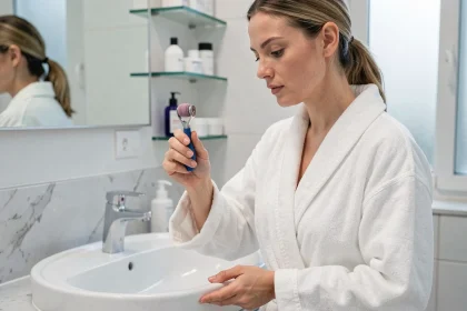 Femme tenant un dermaroller au-dessus d'un lavabo pour le désinfecter après utilisation
