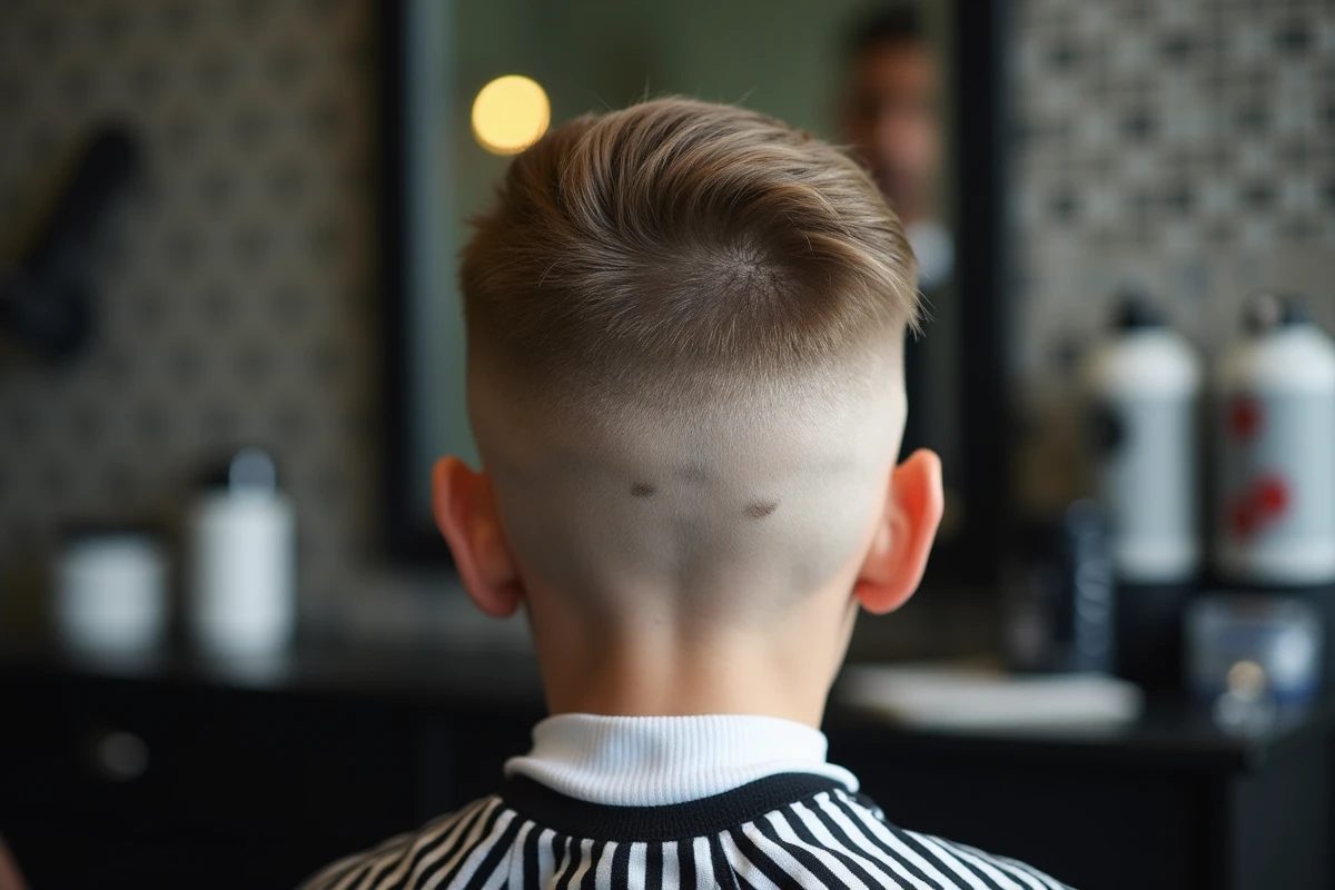 Gros plan sur la nuque d'un garçon avec une coupe dégradée bien réalisée montrant un fondu progressif et propre