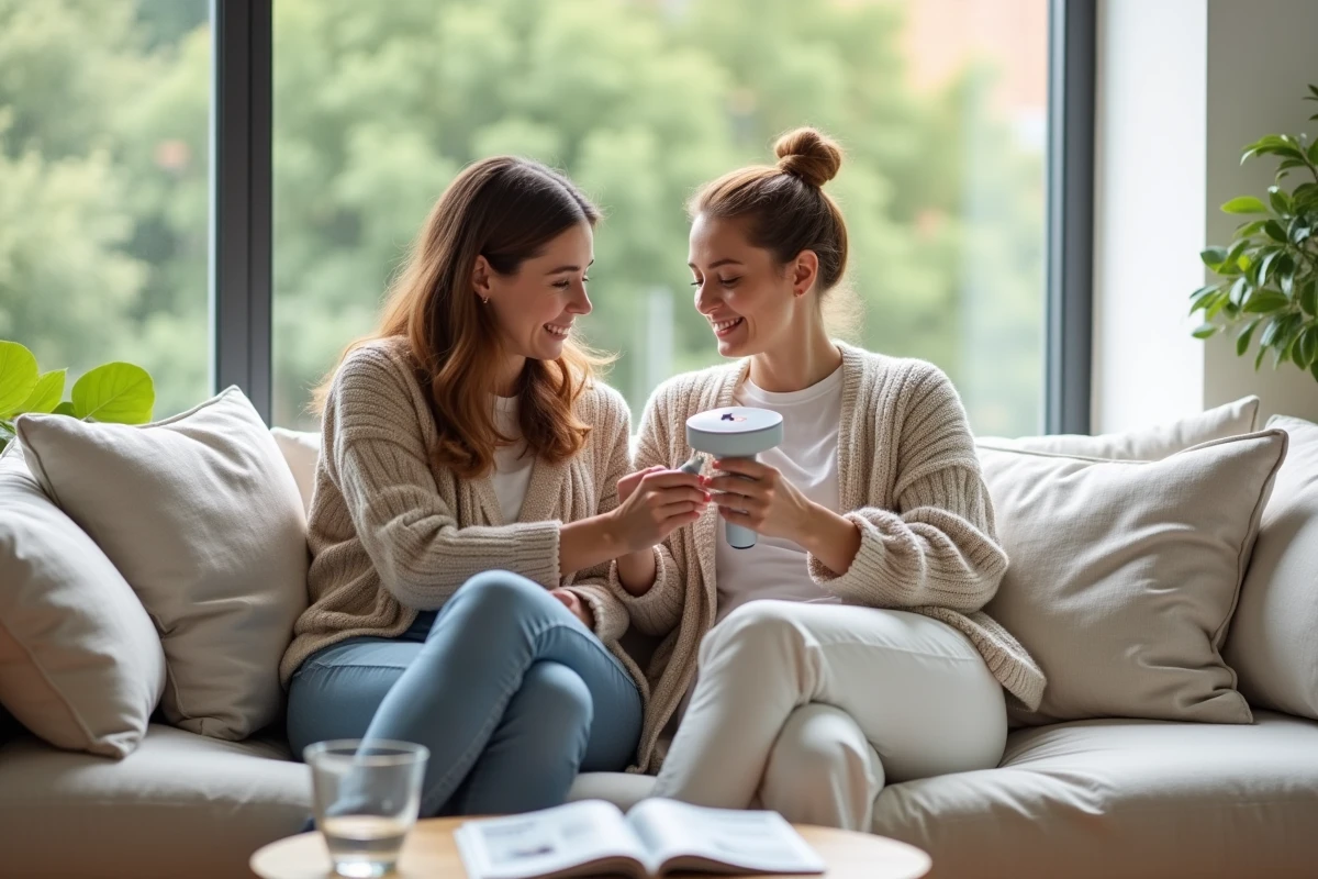 Deux femmes dans un salon scandinave discutant d'un appareil laser anti-âge LYMA, ambiance lifestyle éditoriale hyper-réaliste