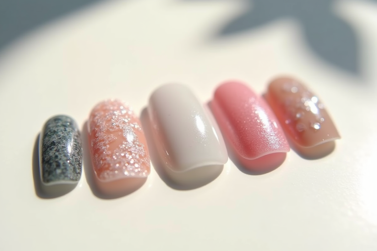 Zoom sur plusieurs wraps pour ongles aux designs variés sur surface blanche