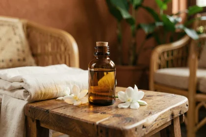 Diffuseur de parfum au jasmin de Bali posé sur une table en teck avec des fleurs de jasmin blanches dans un intérieur chaleureux