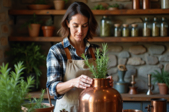 Femme en atelier distillant des herbes fraîches