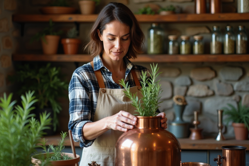 Femme en atelier distillant des herbes fraîches