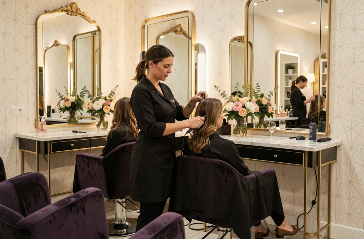 Salon de beauté haut de gamme Emmanuel Touzé à Caen avec décoration luxueuse et coiffeuse au travail