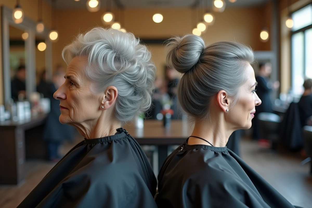 Deux femmes aux cheveux blancs gris avec des coiffures vieillissantes comparées dans un salon de coiffure