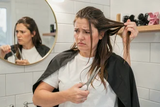 Femme examinant les erreurs de sa coupe Cuenta faite maison dans un miroir de salle de bain