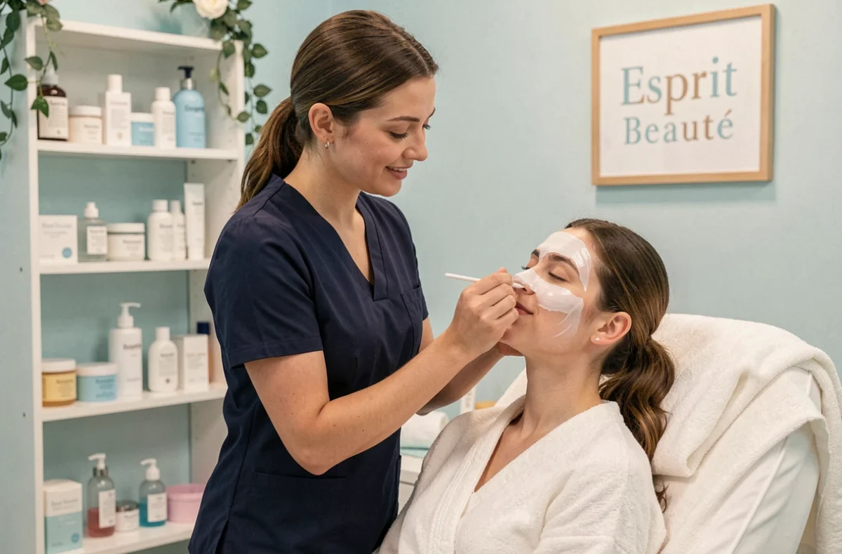 Esthéticienne d'Esprit Beauté appliquant un masque nourrissant sur le visage d'une cliente dans une cabine de soin propre et accueillante