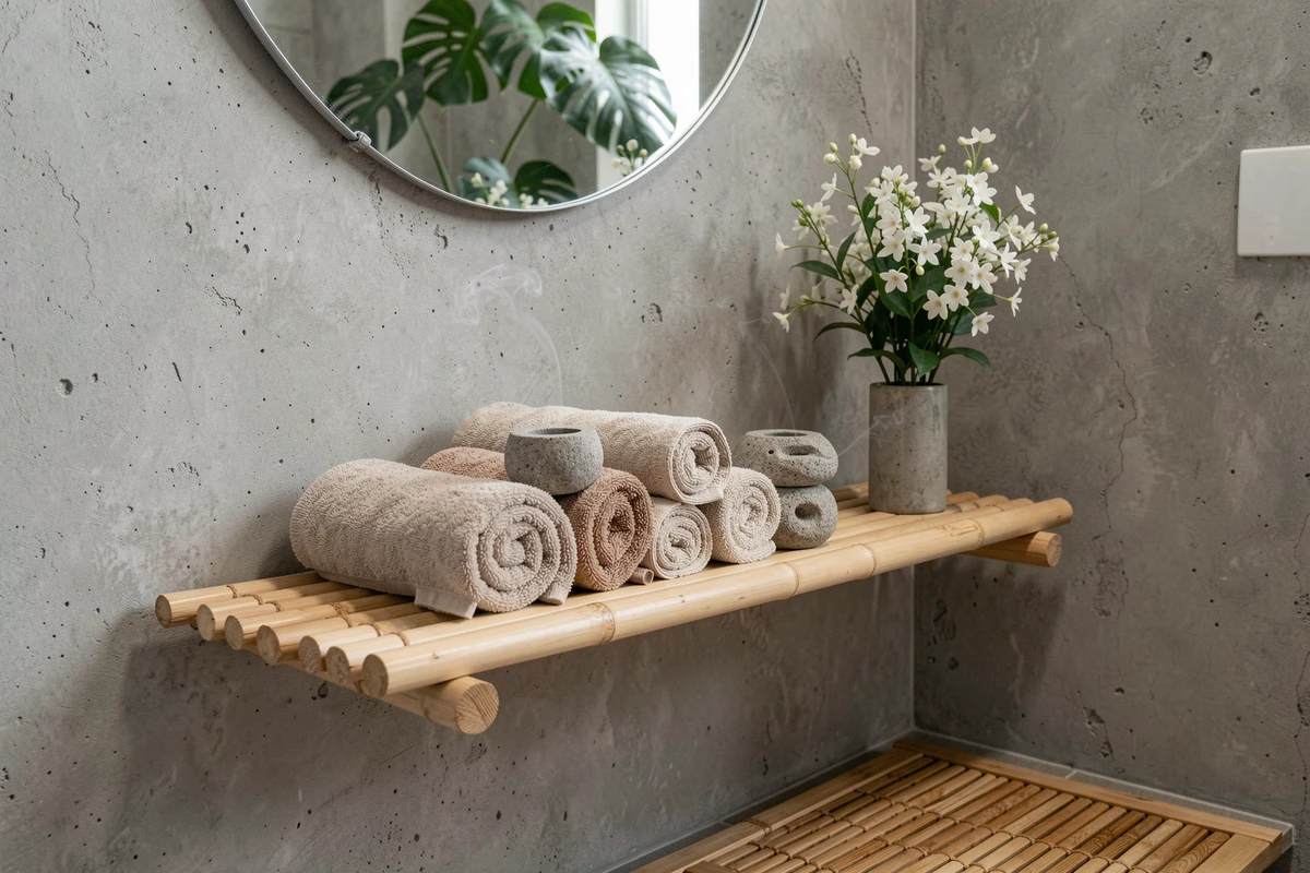Étagère de salle de bain en bambou avec brûleur à huile au jasmin de Bali, serviettes et plantes tropicales dans un décor naturel