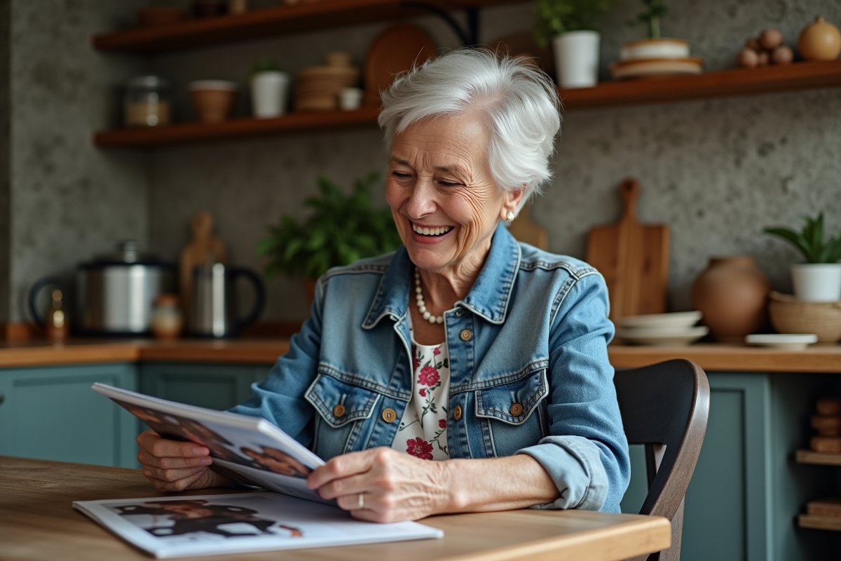 Femme de 70 ans souriante en veste denim dans une cuisine chaleureuse