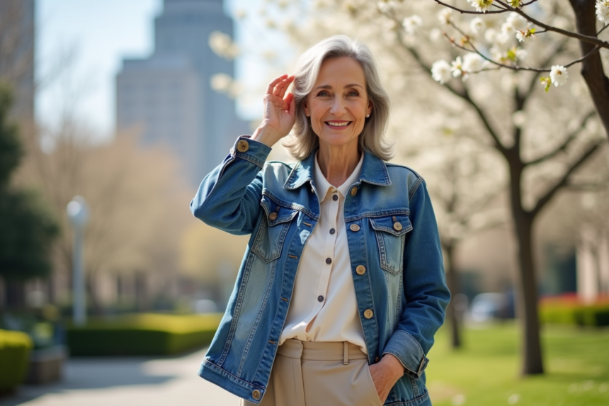 Femme de 70 ans en veste denim dans un parc ensoleille