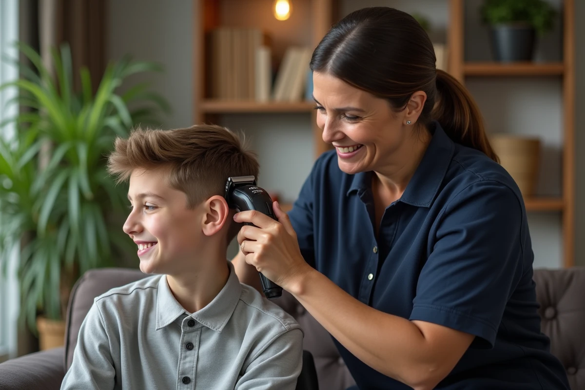 Femme aide son fils à couper les cheveux dans le salon