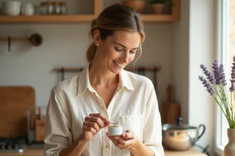 Femme analysant un pot de crème bio La Provençale dans une cuisine provençale avec carrelage en terre cuite