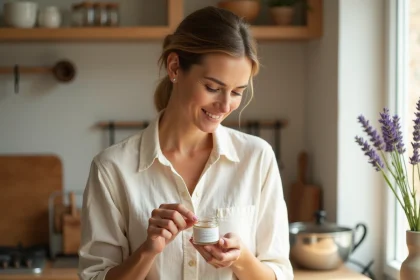 Femme analysant un pot de crème bio La Provençale dans une cuisine provençale avec carrelage en terre cuite