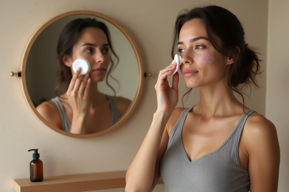 Femme appliquant de l'Eau Précieuse sur sa peau avec un coton devant un miroir rond, traitement imperfections et acné