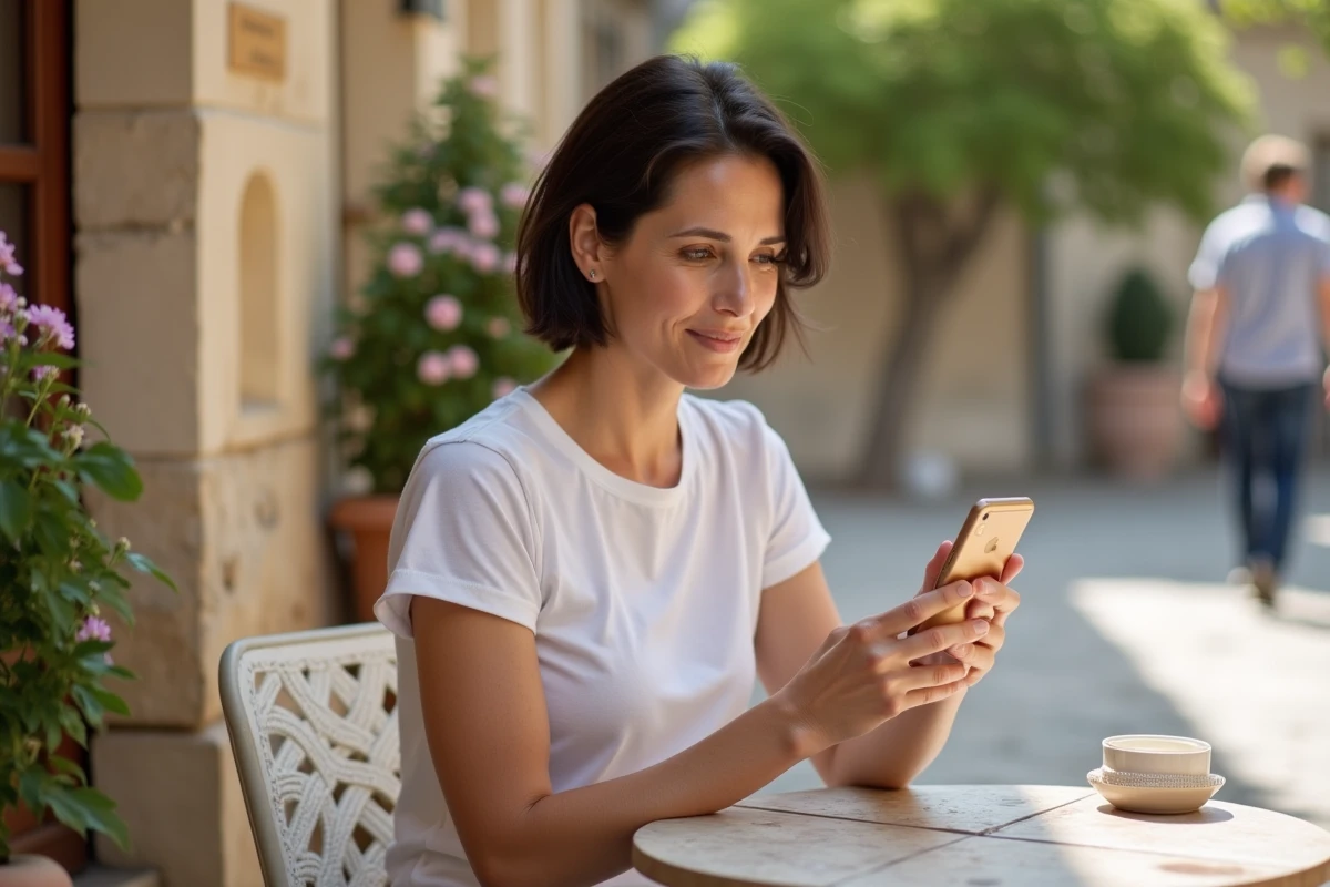 Femme consultant l'application Yuka sur smartphone pour vérifier la composition d'un produit La Provençale bio en terrasse