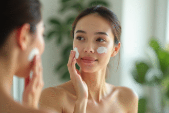 Femme appliquant une creme bio dans une salle lumineuse