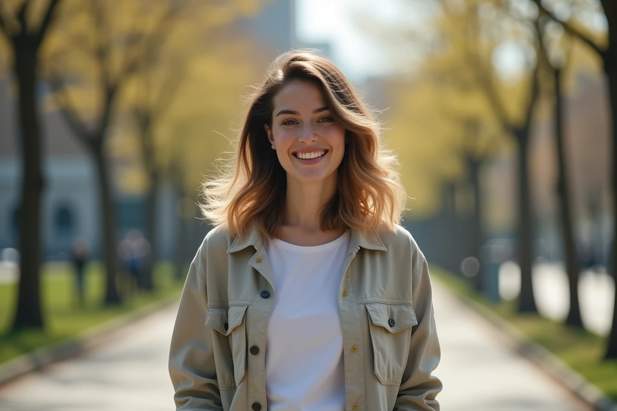 Jeune femme marchant dans un parc urbain en plein air
