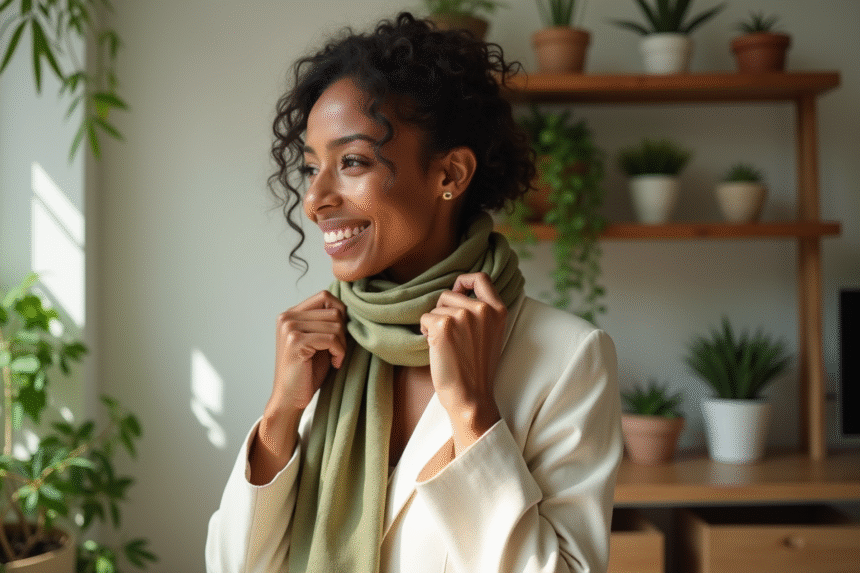 Femme souriante portant un blazer crème et foulard olive en intérieur