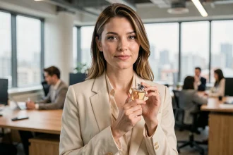 Femme professionnelle tenant un flacon de parfum Zara dans un bureau moderne, tenue élégante et ambiance de travail raffinée
