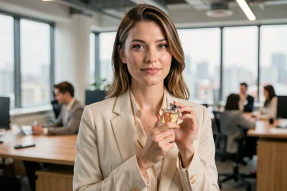 Femme professionnelle tenant un flacon de parfum Zara dans un bureau moderne, tenue élégante et ambiance de travail raffinée