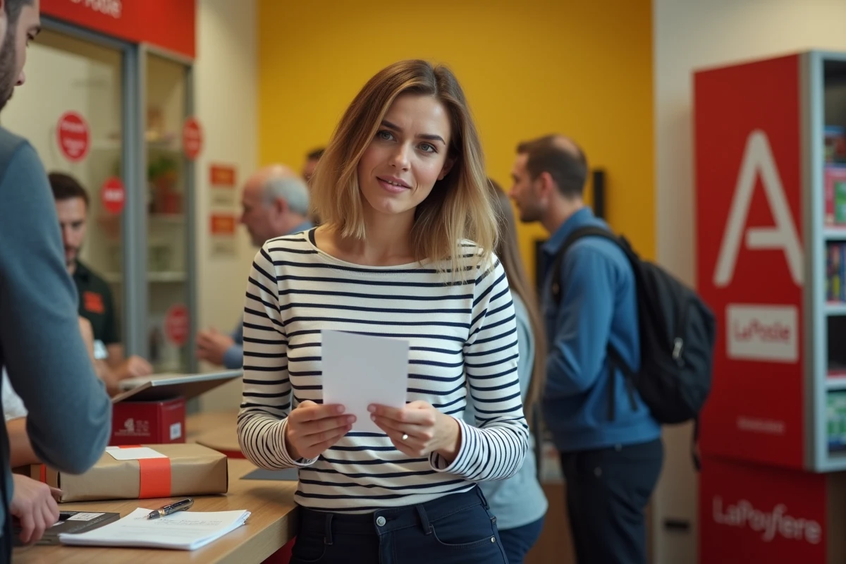 Femme réclamant un colis Primor non livré dans un bureau de poste en France