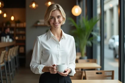 Femme élégante dans un café moderne avec café à la main