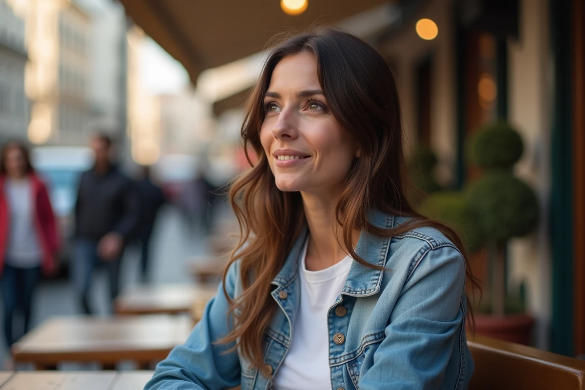 Femme en denim dans un café extérieur contemplant la rue