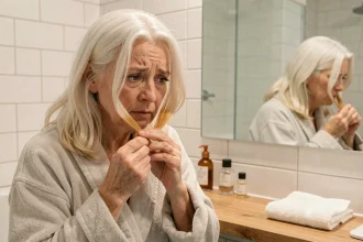 Femme aux cheveux blancs examinant une mèche colorée par la bétadine dans une salle de bain moderne