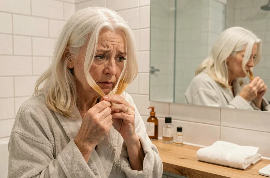 Femme aux cheveux blancs examinant une mèche colorée par la bétadine dans une salle de bain moderne