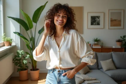 Femme aux cheveux bouclés dans un salon lumineux