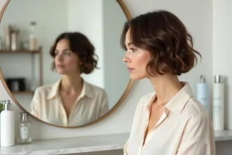 Femme aux cheveux fins courts coiffés en mini vague se regardant dans un miroir de salon