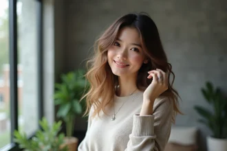 Femme aux cheveux longs et feathery souriant près d'une fenêtre