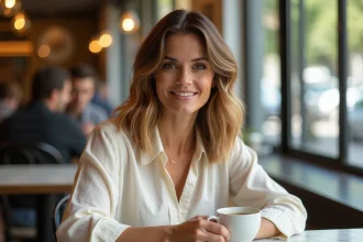 Femme aux cheveux mi-longs avec balayage caramel et miel dans un café parisien, coupe en dégradé naturelle et lumineuse